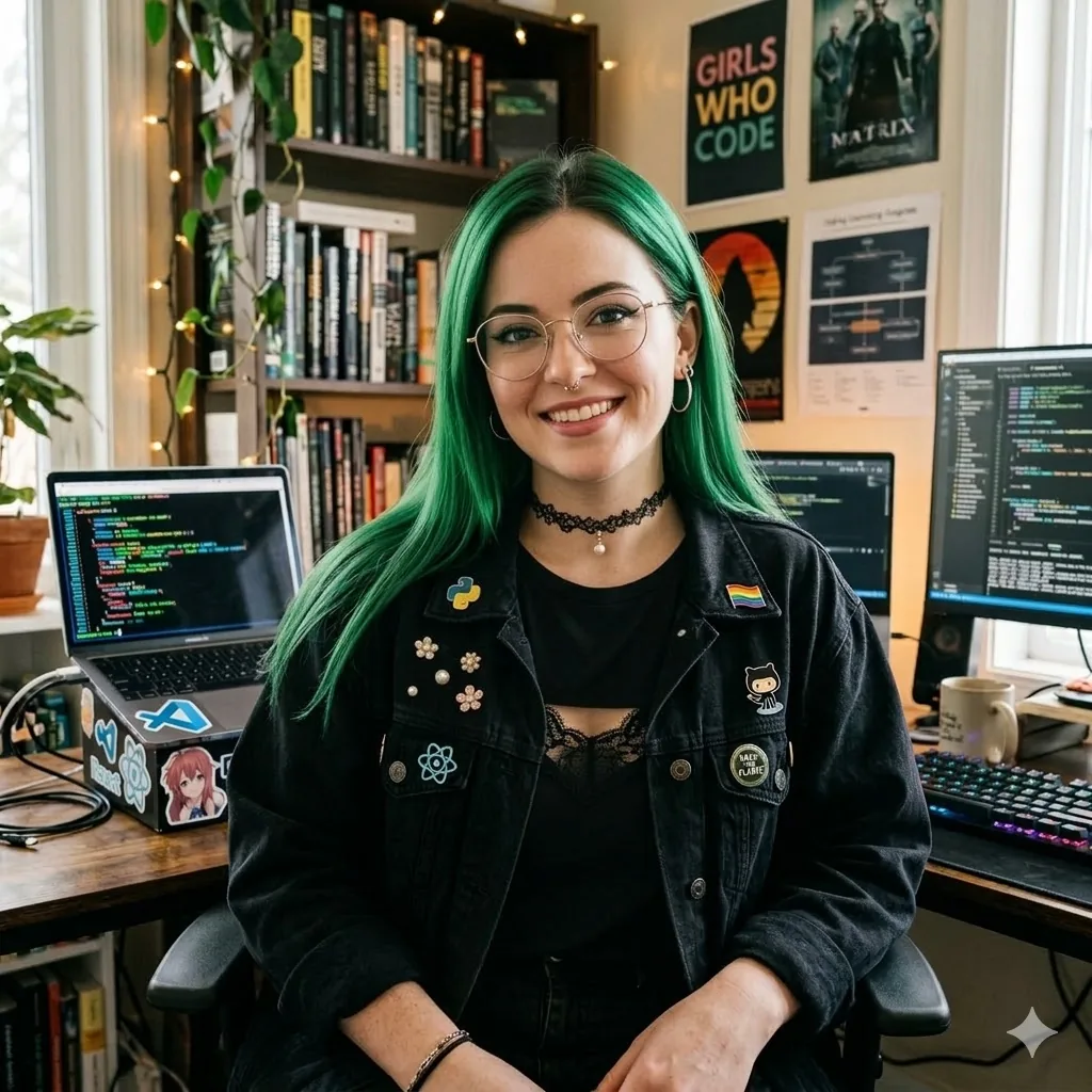 Frau mit langen grünen Haaren, Brille und schwarzer Jeansjacke mit Ansteckern vor zwei Monitoren mit Programmcode; im Regal Bücher, an der Wand Poster